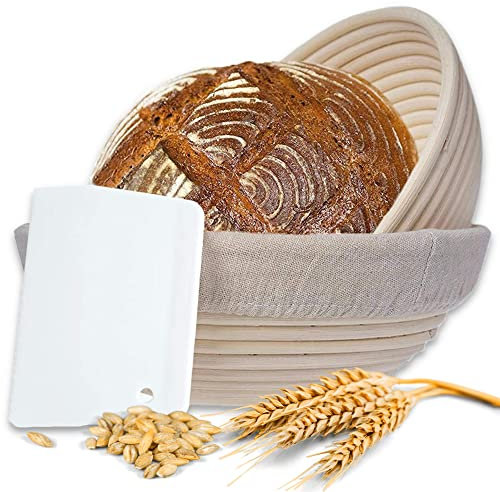 2 Cestas de Fermentación (Redondas, Ø 22+25 cm) y Rascador de Masa - Estribos de Acero INOX - Banneton para Pan - Ratán Natural - Cuenco para Masas con Paño de Lino