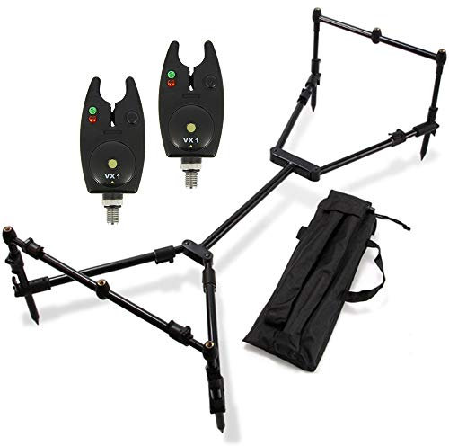 G8DS® Set Rod Pod Rutenhalter mit 3 Bank Sticks + Tragetasche inklusive 2 Bissanzeiger mit Lautstärkeregler und LED´s Aufbewahrungstasche, Karpfen, Angeln