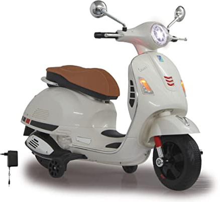 JAMARA 460346 - Ride-on Vespa 12V - Leistungsstarker Antriebsmotor und Akku für Lange Fahrzeit, SD-Karten Slot, AUX- und USB-Anschluss, Ultra-Grip Gummiring am Rad, Stützräder, LED-Scheinwerfer, weiß