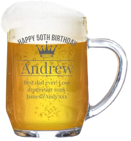 Personalised Tankard Glass Stein for Men Engraved/1 Pint Beer/Birthday/Tanker/Men/Handle/Crown/Gift Box/590 ml
