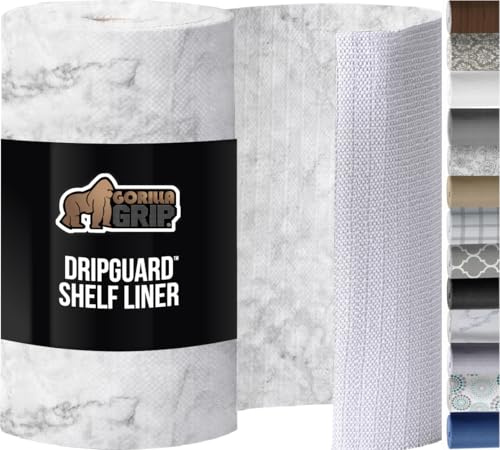 GORILLA GRIP DripGuard Shelf Liner, Non-Adhesive Drawer and Kitchen Cabinet Protector, Strong Grip Slip Resistant Underside, Smooth Surface Liners for Cabinets, Bathrooms, Closets, 12x120 Inch, Marble