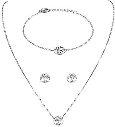 JewelryWe Schmuck Damen Armband Halskette Ohrringe Schmuckset Edelstahl Kreuz Lebensbaum Sperren Anhänger mit Kette, Armkette & Ohrstecker Set für Frau Mädchen Silber/Gold
