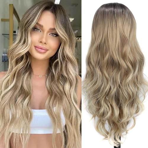 PORSMEER brun blond långa vågiga peruker för kvinnor mittavskiljande lockigt naturligt hår peruk värmebeständig fibersyntetisk hårersättning peruker för cosplay daglig fest daglig användning 26 tum