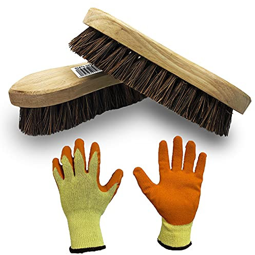 SPHIRES Pack of 2 Wooden Hand Scrubbing Brush Bassine Bristle Brush and A Pair of Orange Latex Palm Work Gloves Heavy Duty Floor Scrubber Cleaning Brush