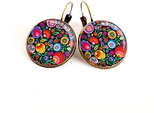 Boucles d'oreilles cabochon fleurs colorées folklore russe mexicain floral poupée russe matryoshka