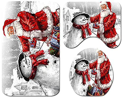 ZESLIV 3Tlg Set Badematte Weihnachten Deko Weihnachtsmann Badvorleger Toilettenmatte Badgarnitur rutschfest Badteppich Badezimmerteppich Deckelbezug WC-Vorleger mit Ausschnitt rutschfest Waschbar