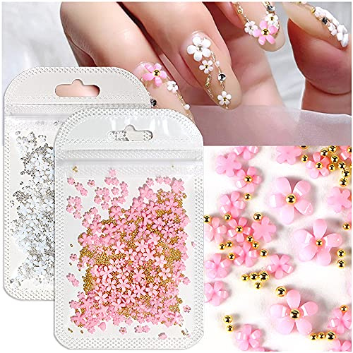 Dornail White Pink 3D Acrylic Flower Nail Charms With Pearl Golden Caviar Beads Nail Art Accessories Nail Designs for DIY Nail Decorations Nail Art Supplies