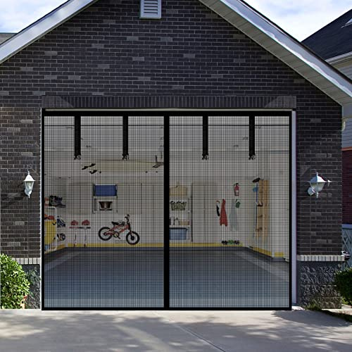 Garage Door Screen，Sunmoxia 9x7Ft Magnetic Heavy Duty Fiberglass Garage Door Curtain with 4 Strapping Tapes - Durable Breathable Mesh Patio Porch Privacy Curtain