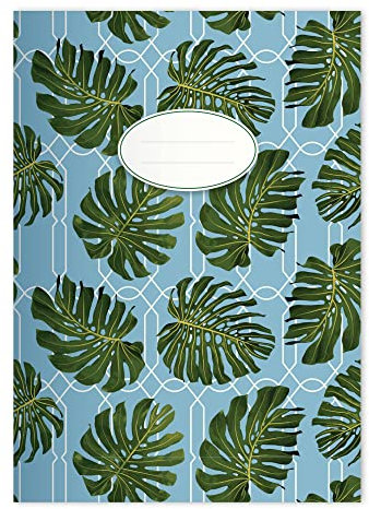 Kartenkaufrausch 16x Klassisch elegante DIN A5 Schulhefte, Rechenhefte mit tropischen Blättern in Blau Lineatur 28 (kariertes Heft)