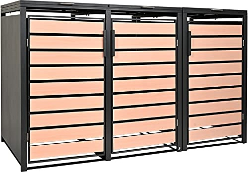 STILISTA Mülltonnenbox 3x240L Metall Anthrazit Holzoptik Gasdruckfeder | Pulverbeschichtetes Metall, 201x80x116cm, Gasdruckfeder, Lüftungsschlitze, für 3 Tonnen je 240 Liter, wetterfest