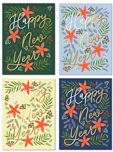 SWEETZER & ORANGE Lot de 24 cartes de Nouvel An avec enveloppes – Lot de 24 feuilles épaisses de 300 g/m² pour décoration de vacances, cartes de vœux, fêtes joyeuses et messages de remerciement