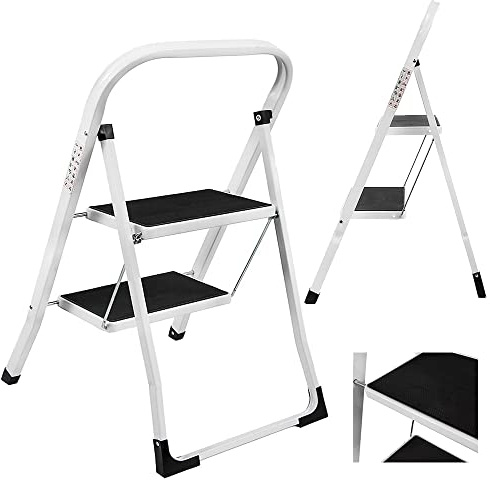 Escalera con 2 peldaños, escalera de seguridad antideslizante con asa, diseño de escalera plegable, escalera pequeña para el hogar hasta 150 kg escalones antideslizantes para el hogar y la oficina