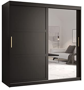 Mirjan24 Rotuni II Armoire de chambre à coucher avec 2 tringles, miroir et compartiments, armoire à portes coulissantes, armoire à chambre à coucher (modèle 180, noir/noir)