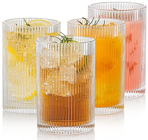 POLIDREAM Vintage Ribbed Glassware Set: 4pcs 16.9oz XL Drinking Glasses, Fluted Ripple Drinkware, Origami Style, Elegant Glassware for Whiskey, Cocktail, Iced Coffee, Juice, Beer, Soda