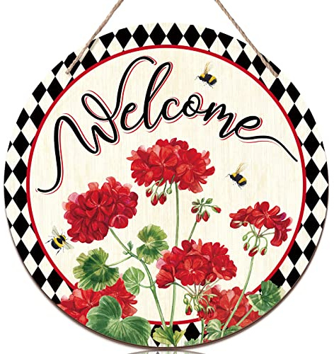 Ripeng Welcome Sign Wreaths for Front Door Wooden Christmas Buffalo Plaid Door Hanger for Outdoor Indoor Outside Porch Farmhouse Home Window Wall Hanging Decoration, 11.81 Inch(Geranium Flower)