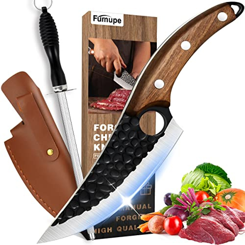 Fumupe Couteau de Chef Avec Bâton d'affûtage, Couteaux de Cuisine Avec étui de Protection en Cuir, Couteau Japonais, Multipurpose Couteaux Japonais, Couteau Damas Boucher, Gril de Cuisine