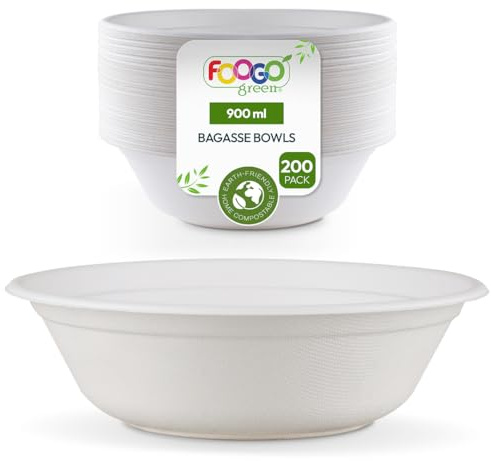 FOOGO Green 200 Bols Jetables Bagasse Canne à sucre, Grand 900ml, 20cm, pour Soupe, Desserts et Salade, Bols en Papier Ronds et Solides pour Plats Chauds, Biodégradable, Bambou, Fête.