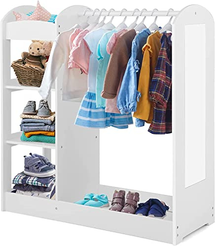 Kids Dress up Storage with Mirror, Clothes Rack, 3-Tier Shelves, Bottom Tray, Pretend Play Costume Dresser Organizer Center, Open Hanging Armoire Closet for Little Girls (White)