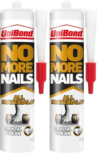 UniBond 2492492 No More Nails All Materials Crystal Clear Construction Adhesive, All Materials Grab Adhesive, High Strength Adhesive Bonding, Clear, 290 g Cartridge (Pack of 2)