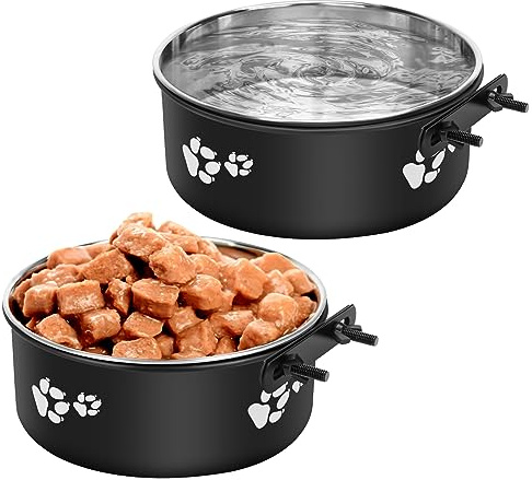 YECERCAN Kennel Water Bowls No Spill, 2pack Stainless Steel Dog Food & Water Bowls for Kennel Cage Crate, Hanging Pet Bowls for Small and Large Dogs, Cats...(7.1 * 2.8”& 6.3 * 2.6”)