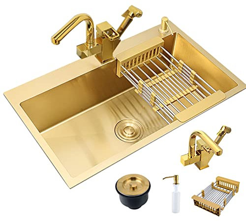 WhfPs Gold Sink, Kitchen Sink with Gold Robotic Faucet and Gold Strainer Stopper, Single Bowl, Undermount or Built-In (Color: Gold, Size: 75 x 45 x 21)