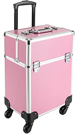 unkonwcy Valise cosmétique à roulettes, Trolley en aluminium, coffret de maquillage 4-en-1, valise de coiffeur, verrouillable, trousse de maquillage, roues pivotantes à 360°, pour voyage, idée cadeau