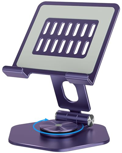 SOJUNER Aluminum Tablet Stand for Desk, 360° Swivel iPad & Tablet Holder – Thickened Material & Foldable Desktop Mount for 5–12.9in Devices, Purple