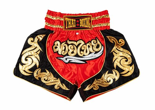 MUAY NATION Pantaloncini Muay Thai per Uomo e Donna, Pantaloncini da Boxe MMA dal Taglio Slim, Abbigliamento da Allenamento per Kickboxing (IT, Testo, M, Regular, Regular, Rosso)