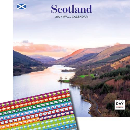 Dayplanner Publishing Scotland Calendar 2027, Large with Stickers | Large square 16-month wall calendar with organisational stickers, ideal as a Scotland gift.