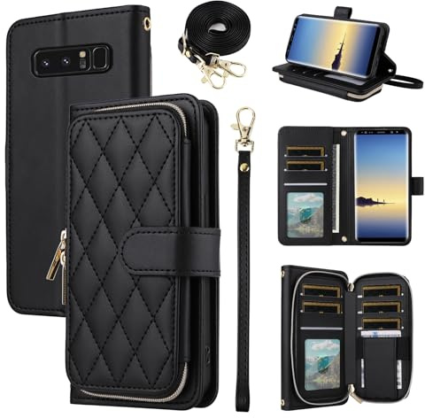 ELISORLI Wallet Case for Samsung Galaxy Note 8 with Wrist Strap Crossbody Shoulder Strap 9+ Card Slots Zipper Purse, Luxury PU Leather Stand Cell Phone Cover for Note8 Not S8 Gaxaly Girls Black