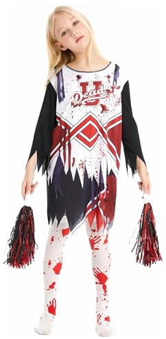 Veroda Halloween Zombie Horror Campus Dead Cheerleader Kostüme Kleid Pompons Socken für Kinder Mädchen Halloween Kostüm (S(6-8 Jahre))