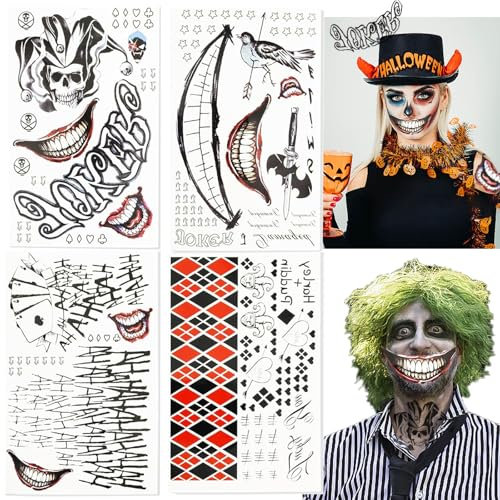 Halloween Temporäre Tattoos Damen Herren,Temporäre Tattoos Frauen Männer Klebetattoos Erwachsene,Halloween Schminke Kostüm Festival Party Zubehör
