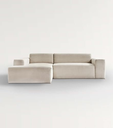 mokebo Ecksofa aus Cord 'Die Lässige', Eckcouch aus weichem Cordstoff fürs Wohnzimmer, bequemes 3-Sitzer Sofa oder Cordsofa in L-Form, 253x70x188 (BxHxT in cm) in Beige - Ottomane Links