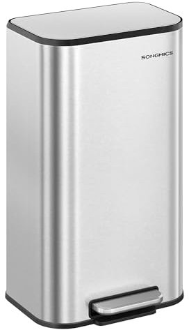SONGMICS Kitchen Bin, 30 L Pedal Bin, Steel Trash Bin, Soft-Close Lid, Stays Open, Inner Bucket, Wide Non-Slip Pedal, Metallic Silver LTB546E01