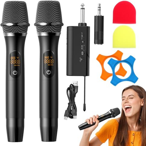 Krissake Kabelloses Mikrofon, Professionelle UHF-Doppelmikrofone mit wiederaufladbarem Empfänger, für Karaoke, Hochzeit, DJ, Party & Ansprache