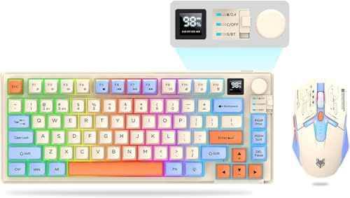 75 ％ Wireless Gaming Keyboard and Mouse Combo, Mechanical Keyboard + 3D 1600DPI Mice, 2000mAh Battery, RGB Backlit Keyboards with 80 Keys Computer PC Gaming Keyboards for PC/Laptop (Black) (White)