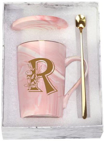 WENSSY Pink 14 Ounce Letter R with Flower Personalized Initial Mugs, Novelty Coffee Mugs for Women, Bridal Shower Gifts, Women's Initials Gifts