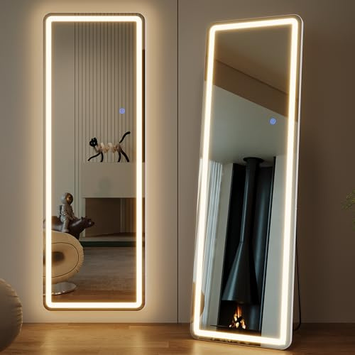ZKIODV 160x50 Helkroppsspegel med Belysning, Golvspegel LED 3 Färger och Dimbar, Stor Väggspegel med LED för Hall Väggar Rum, Väggmonterad/Stående/Fri-placering, LED Mirror Full Body (Vit Ram)