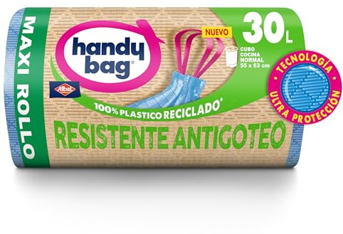 Handy Bag Bolsas de Basura Resistente Antigoteo, 100% Reciclado, Autocierre, Maxi Rollo 30L, 20 Bolsas, 1 Paquete