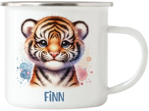 Kiddle-Design Kindertasse mit Namen Personalisiert, Personalisierte Tasse Kinder mit Waschbär, Namenstasse Waschbärtasse, Kinderbecher als Geschenk zur Taufe, Geburt Weihnachten - Emaille Tasse