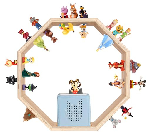 Todeco Tonie-Regal, Magnetregal für Tonies, Toniebox & Ladestation, Achteck | 60–70 Tonies, verstärkte Magnetleisten, Wand- & Tischregal, inkl. Wandmontageset, Premium-Holz, für Kinderzimmer