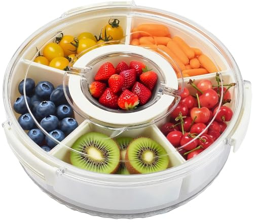 Rotatable Snack Tray 6-Fach Dreh-Snackbox mit abnehmbaren Fächern & Deckel (28x28cm) – Kinder-Snackbox mit Griff, Kühlschrank-tauglich für Obst/Gewürze, 360° To-Go Servierplatte für Party/Picknick