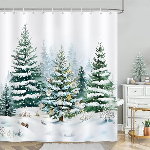 Bonhause Winter Pine Tree Shower Curtain, Christmas Tree Forest Snowy Xmas Bathroom Curtain 180 x 180 cm Waterproof Mildew and Mould Resistant Polyester Fabric Bath Curtain with 12 Hooks
