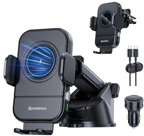 Car Phone Holder,With Car Charger Adapter Usb C 80W&QC3.0,Phone Holder Wireless Charger Auto-Clamping Mount For Dash Windshield For iPhone 16 15 Pro Max,Galaxy S25 S24 Series - Black