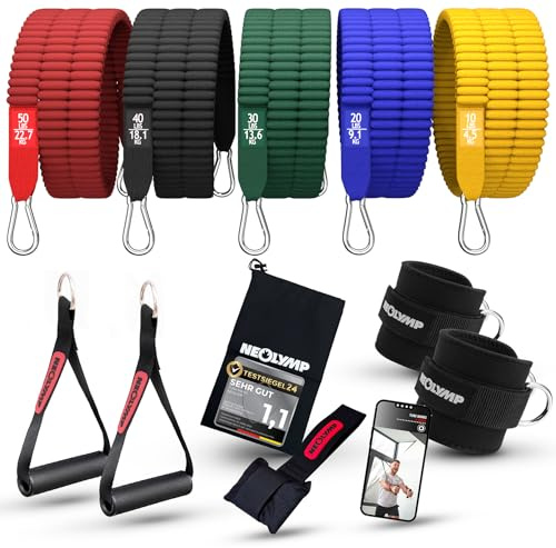 NEOLYMP Premium Resistance Bands Set mit E-Book - Fitnessbänder Expander Set mit 5 Stärken, Türanker, Griffen & Fußschlaufen - Widerstandsbänder Gymnastikband für Ganzkörper-Workout