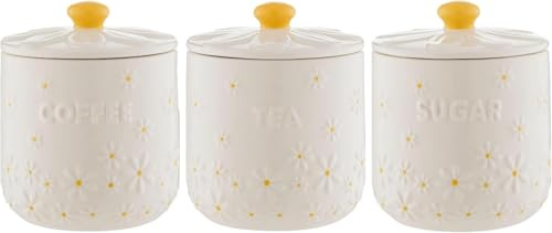 Home Deco London Ceramic Kitchen Storage Jars, Tea Coffee Sugar Canisters, Airtight Silicone Seal (Daisy Tea, Coffee & Sugar Set)