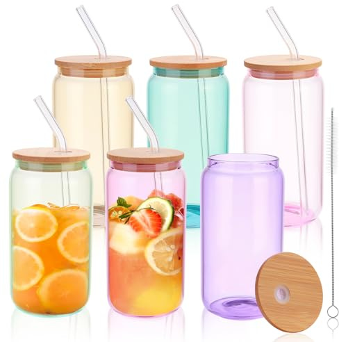 OELZWVN 6 Stück Gläser mit Deckel und Strohhalm, 6 Farben 550 ml Trinkgläser mit deckel, Bubble Tea Becher, Smoothie Gläser für Trinkgläser in Dosenform, Iced Coffee Glas, Cocktails