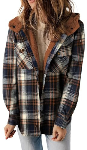 Cexiakong Veste d'hiver chaude en polaire pour femme - Avec capuche - Veste d'extérieur - Manteau d'hiver à carreaux - Veste en peluche avec boutons - Vintage - Veste à capuche confortable - Veste de