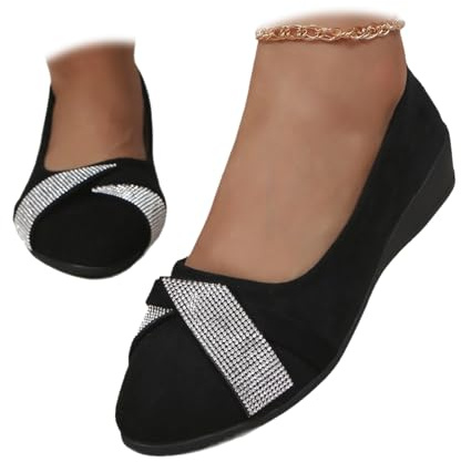 Zapatos de cuero ligeros para mujer, cómodos, con soporte de arco, de cuña, sin cordones, de tacón bajo, para el trabajo, bailarina, mocasines, Diamante de imitación negro, 39.5 EU