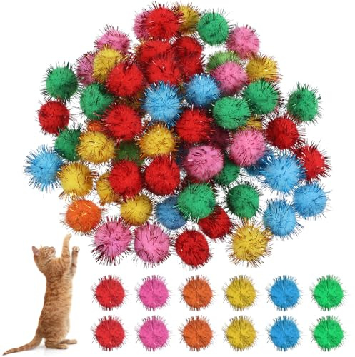 Ouligay 70 Pieces Cat Pom Pom Balls Cat Tinsel Balls Assorted Color 1 Inch Pompoms Glitter Cats Ball Toy Puff Ball for Kitten Toys for Indoor Cats and Crafts